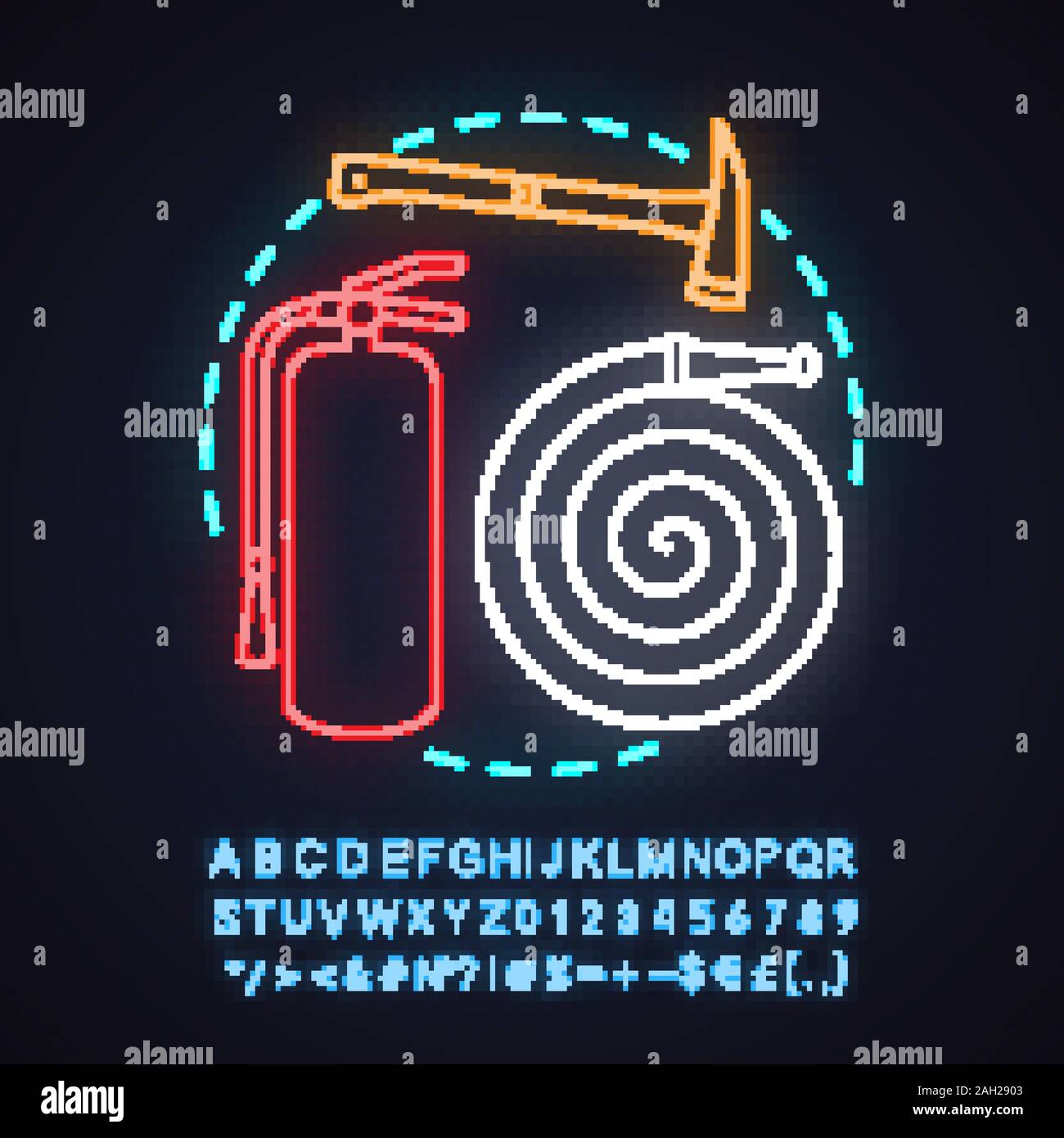Fire department neon light concept icon. Firefighting idea. Fire extinguisher, hose, axe. Glowing sign with alphabet, numbers and symbols. Vector isol Stock Vector