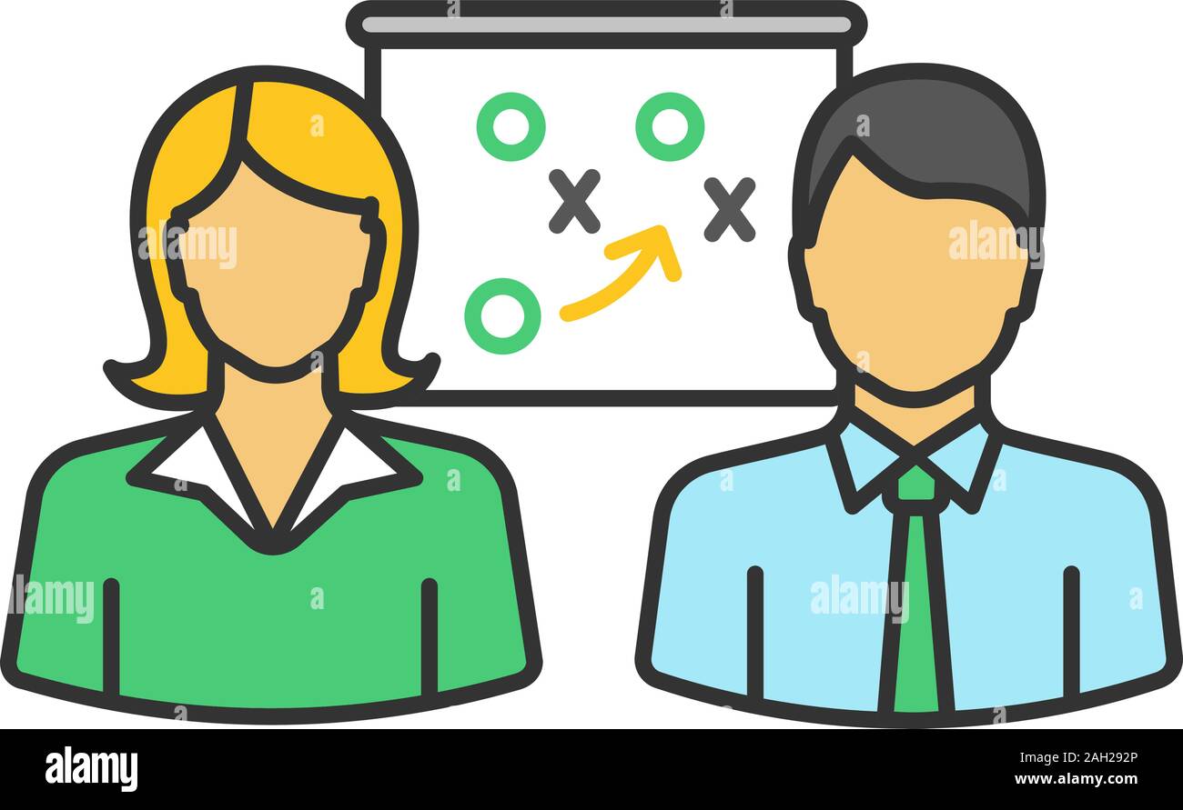Business strategy scheme color icon. Teamwork. Two colleagues solving problem. Isolated vector illustration Stock Vector