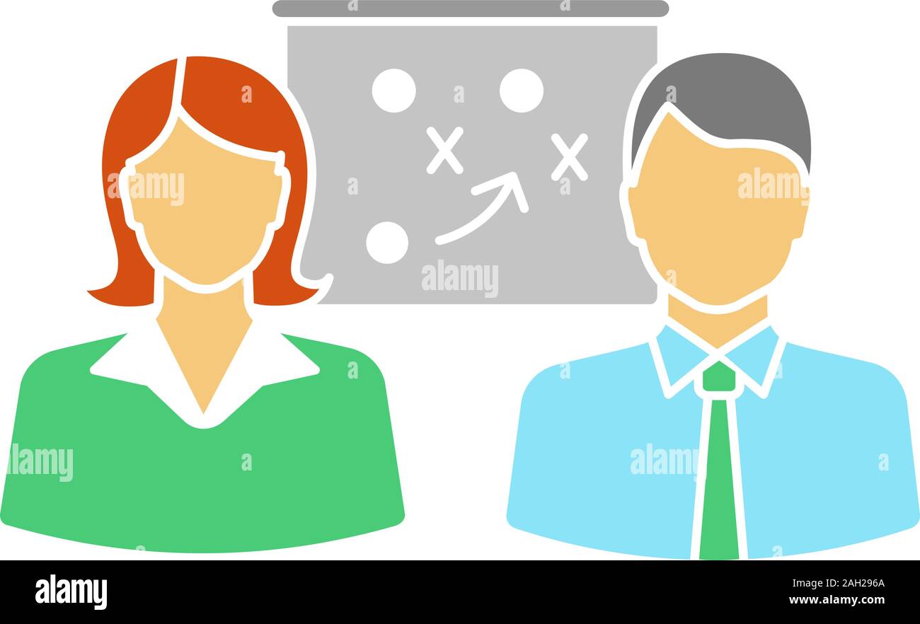 Business strategy scheme glyph color icon. Silhouette symbol on white background with no outline. Teamwork. Two colleagues solving problem. Negative s Stock Vector