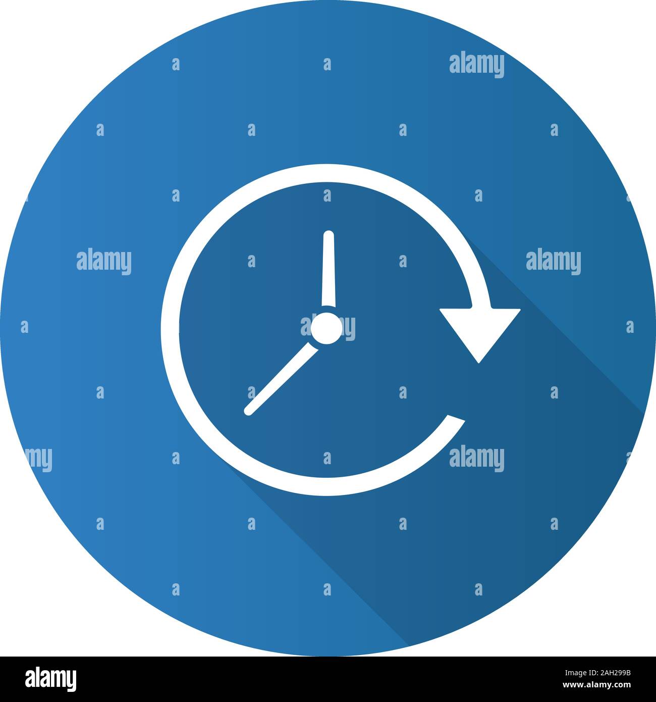 Update flat design long shadow glyph icon. Clockwise. Clock with circle arrow. Vector silhouette illustration Stock Vector