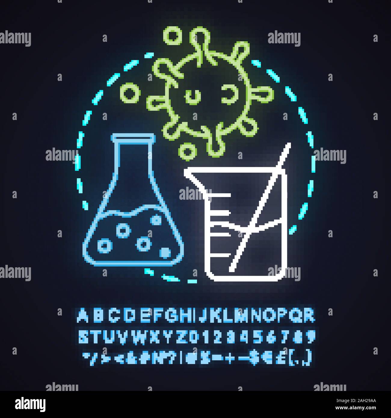 Science laboratory neon light concept icon. Virology idea. Study of  viruses. Laboratory flask and beaker, virus cell. Glowing sign with  alphabet, numb Stock Vector Image & Art - Alamy