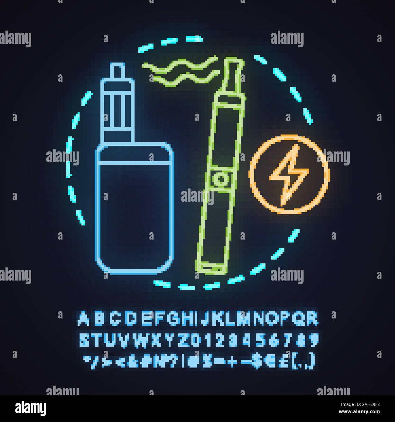 Vape shop neon light concept icon. Alternative smoking idea. Vape pen and  box mod. Electronic cigarettes. Glowing sign with alphabet, numbers and  symb Stock Vector Image & Art - Alamy