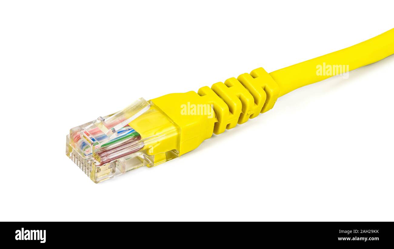Yellow network plug isolated on white background with clipping path Stock Photo