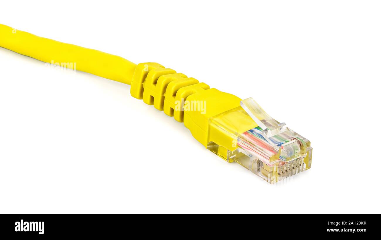Yellow network plug isolated on white background with clipping path Stock Photo
