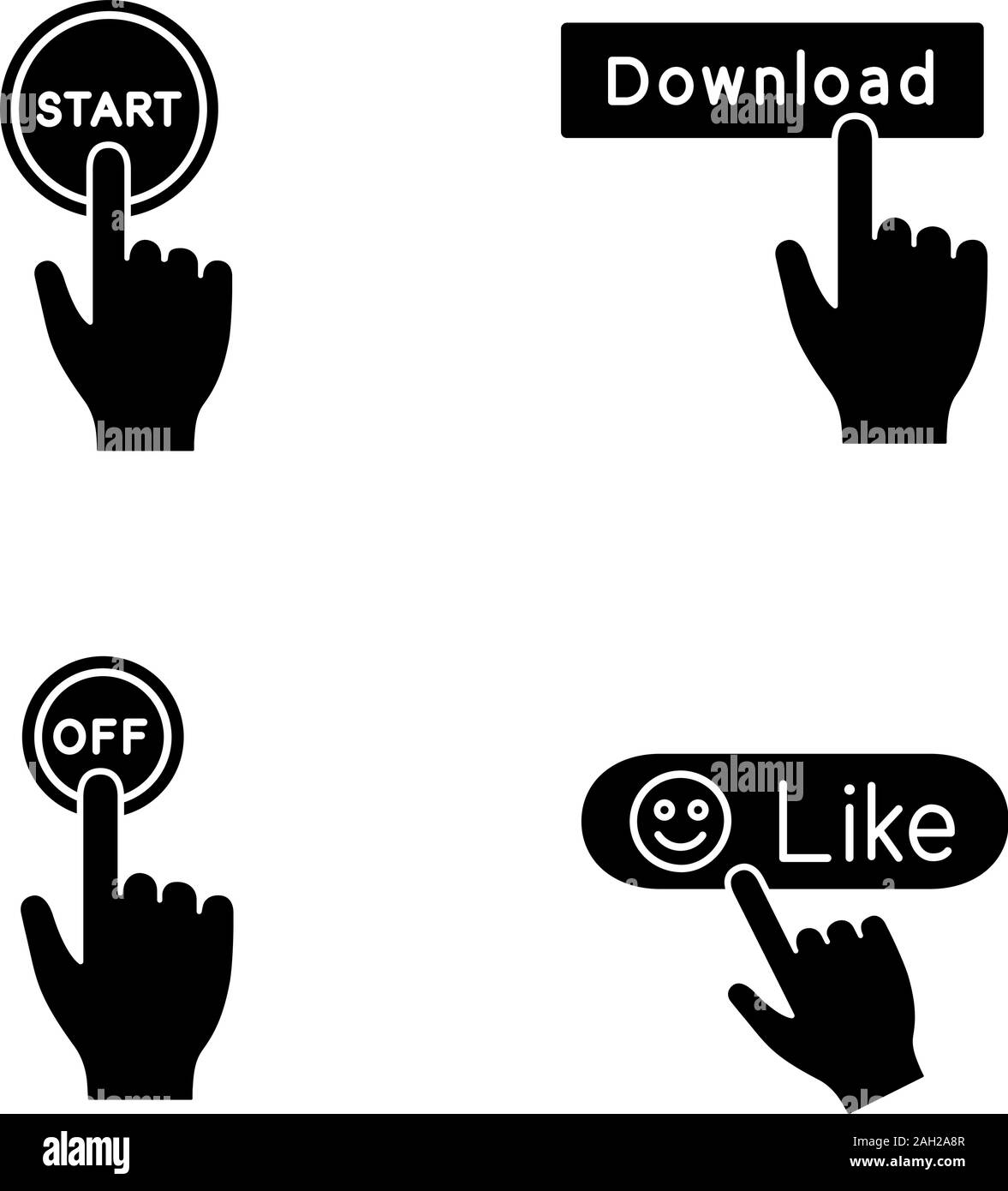 App buttons glyph icons set. Click. Start, download, turn off, like. Silhouette symbols. Vector isolated illustration Stock Vector