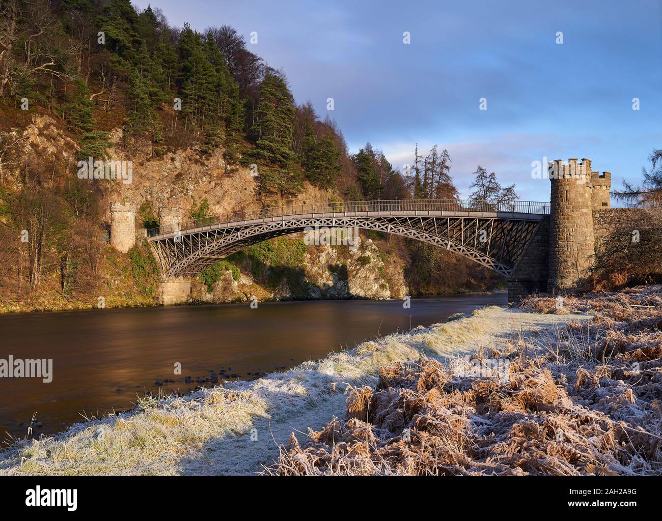 23 December 2019. Caigellachie Bridge, River Spey, Craigellachie, Moray, Scotland, UK. This is the view of the Thomas Telford Bridge half way through Stock Photo