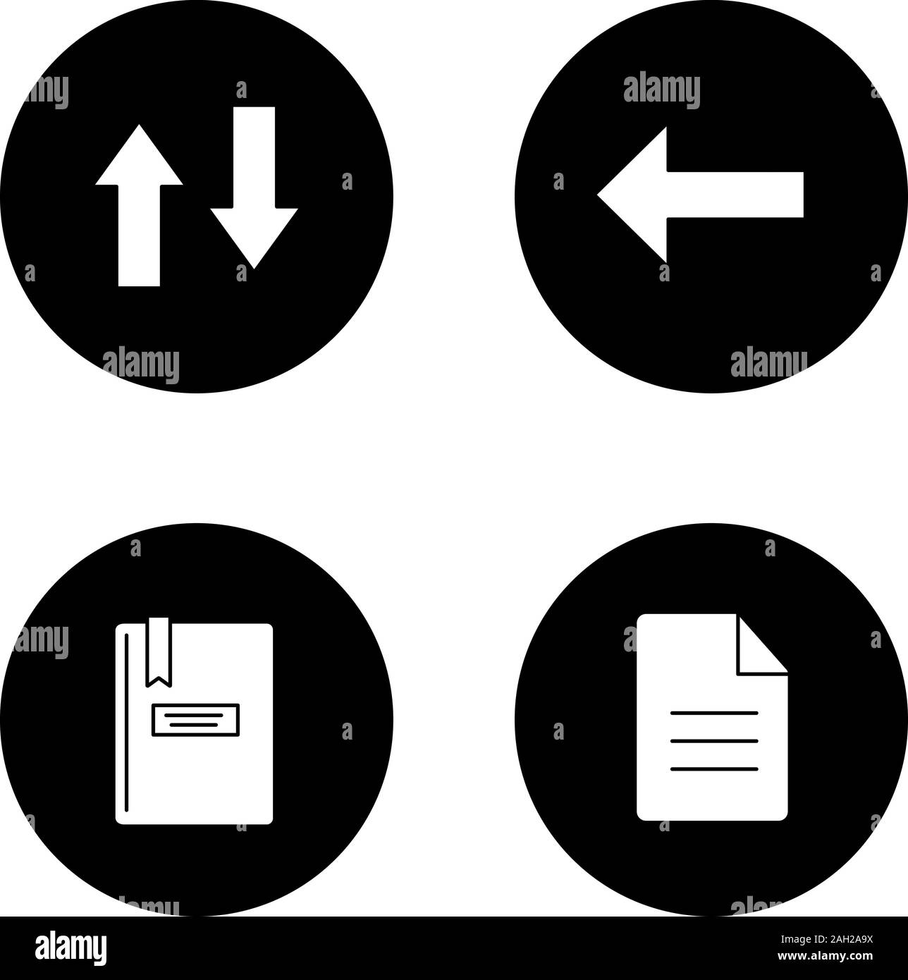 UI/UX glyph icons set. Vertical swap, back arrow, notepad, file. Vector
