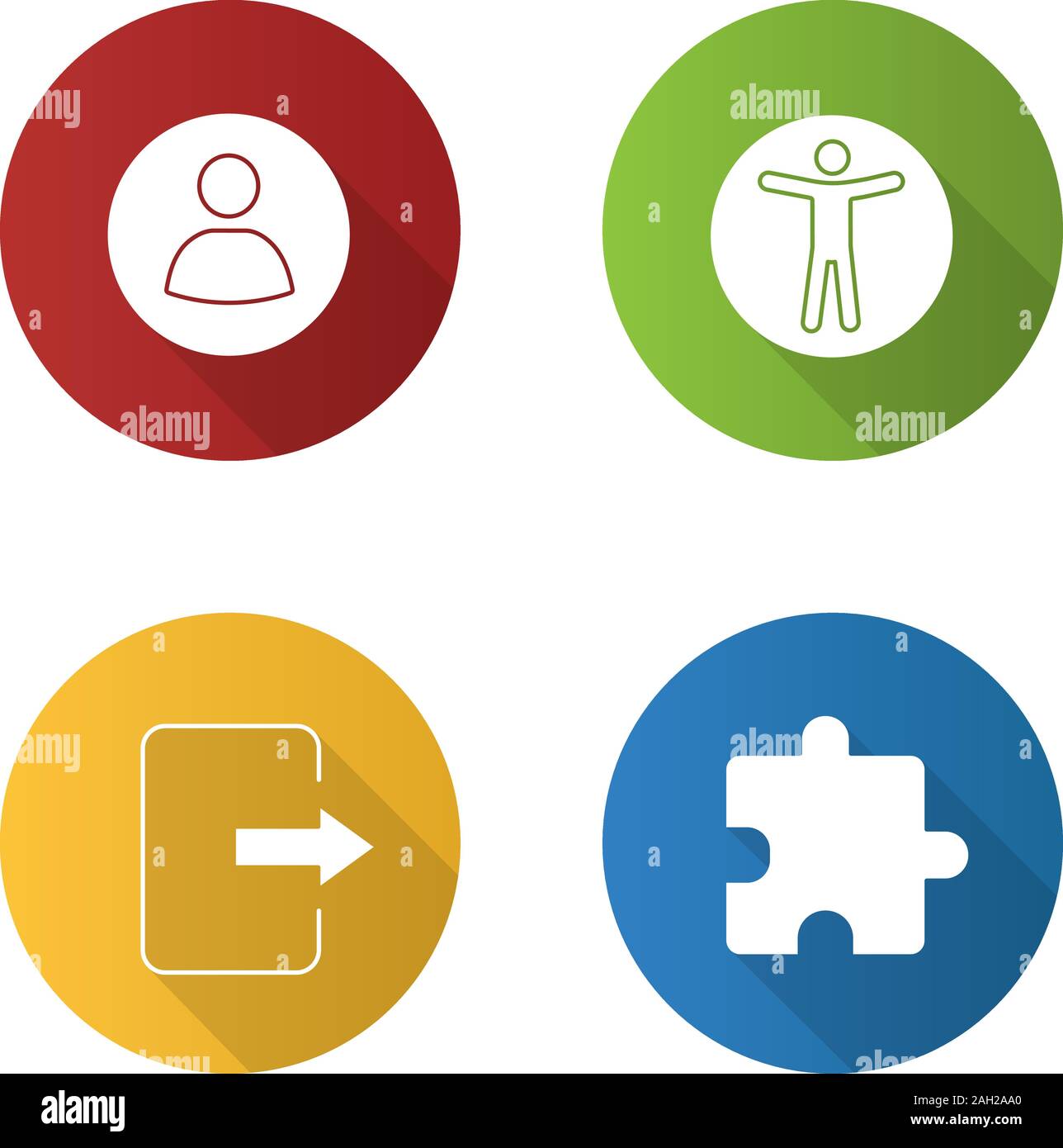 UI/UX flat design long shadow glyph icons set. User account, web accessibility, exit button, extension. Vector silhouette illustration Stock Vector