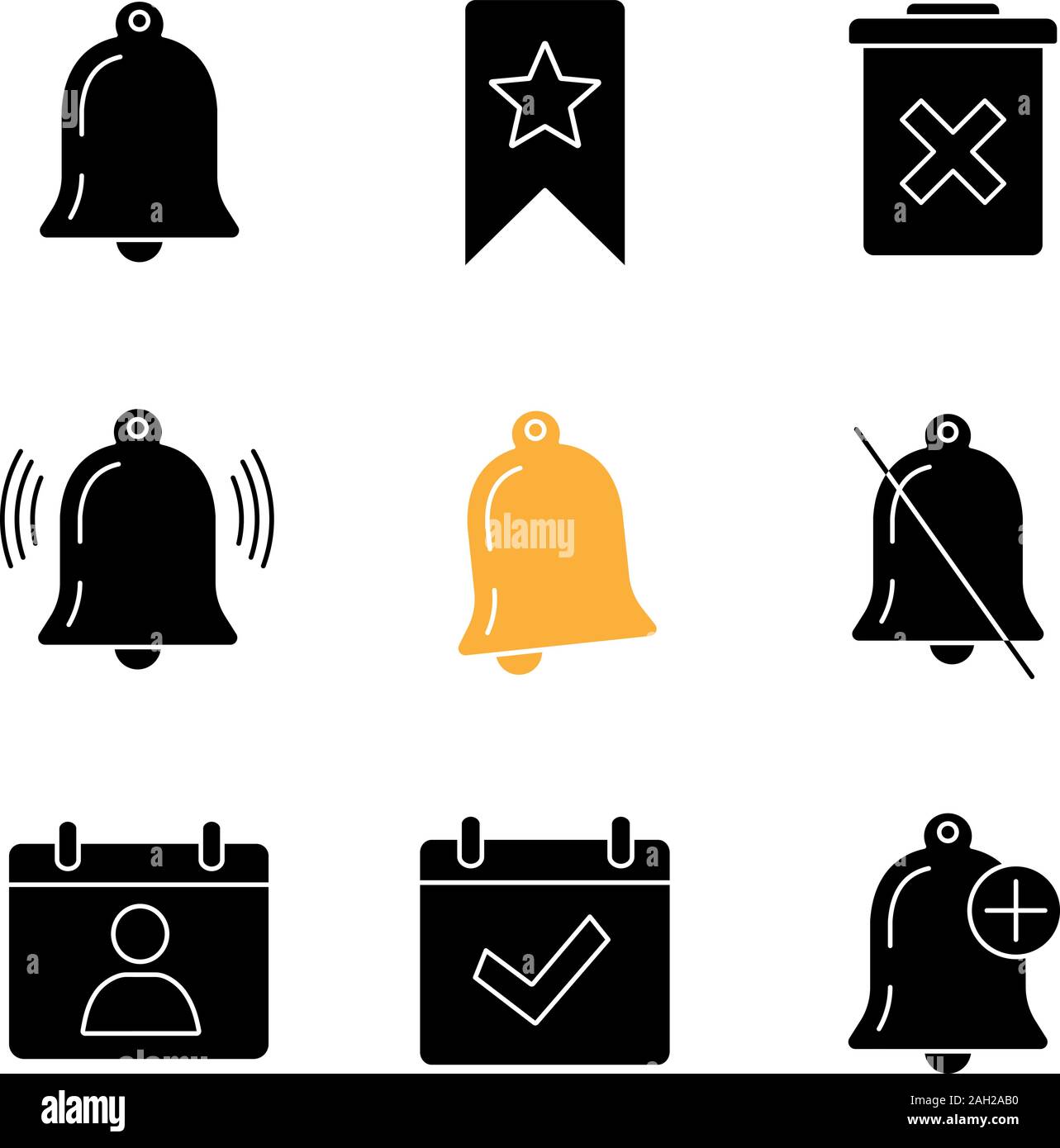 UI/UX glyph icons set. Notifications, bookmark, delete forever, bell