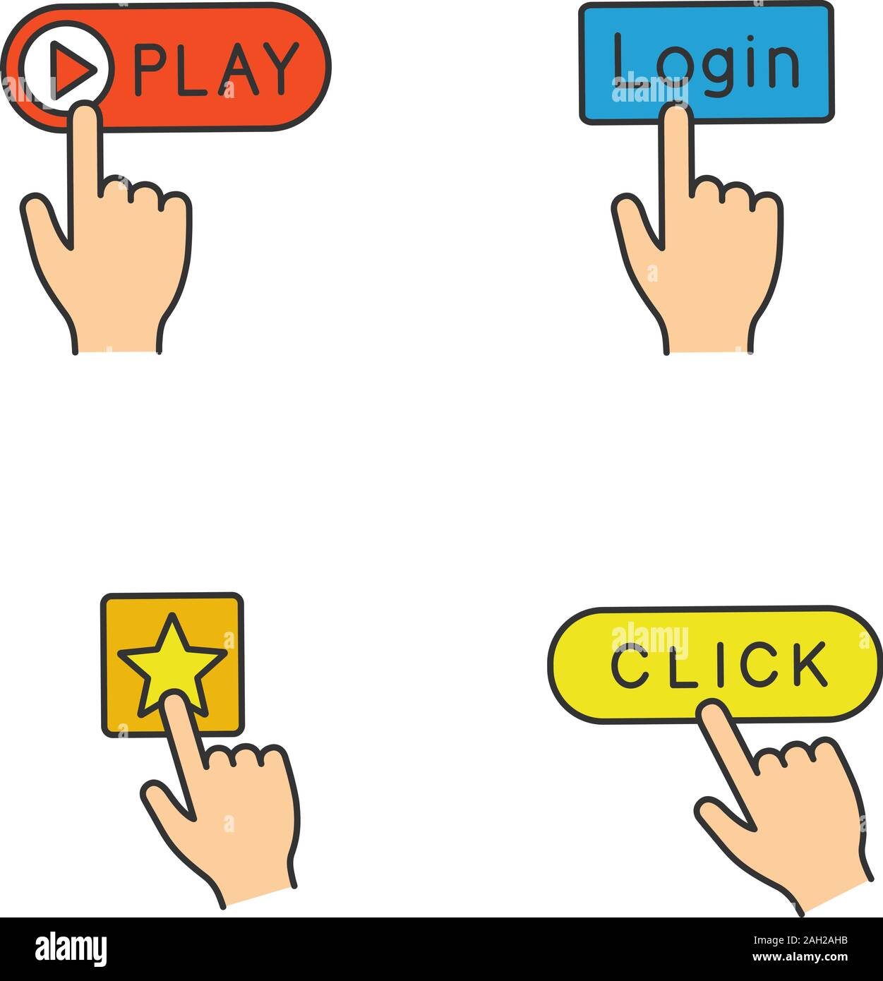 App buttons color icons set. Click. Play, login, add to favorite ...