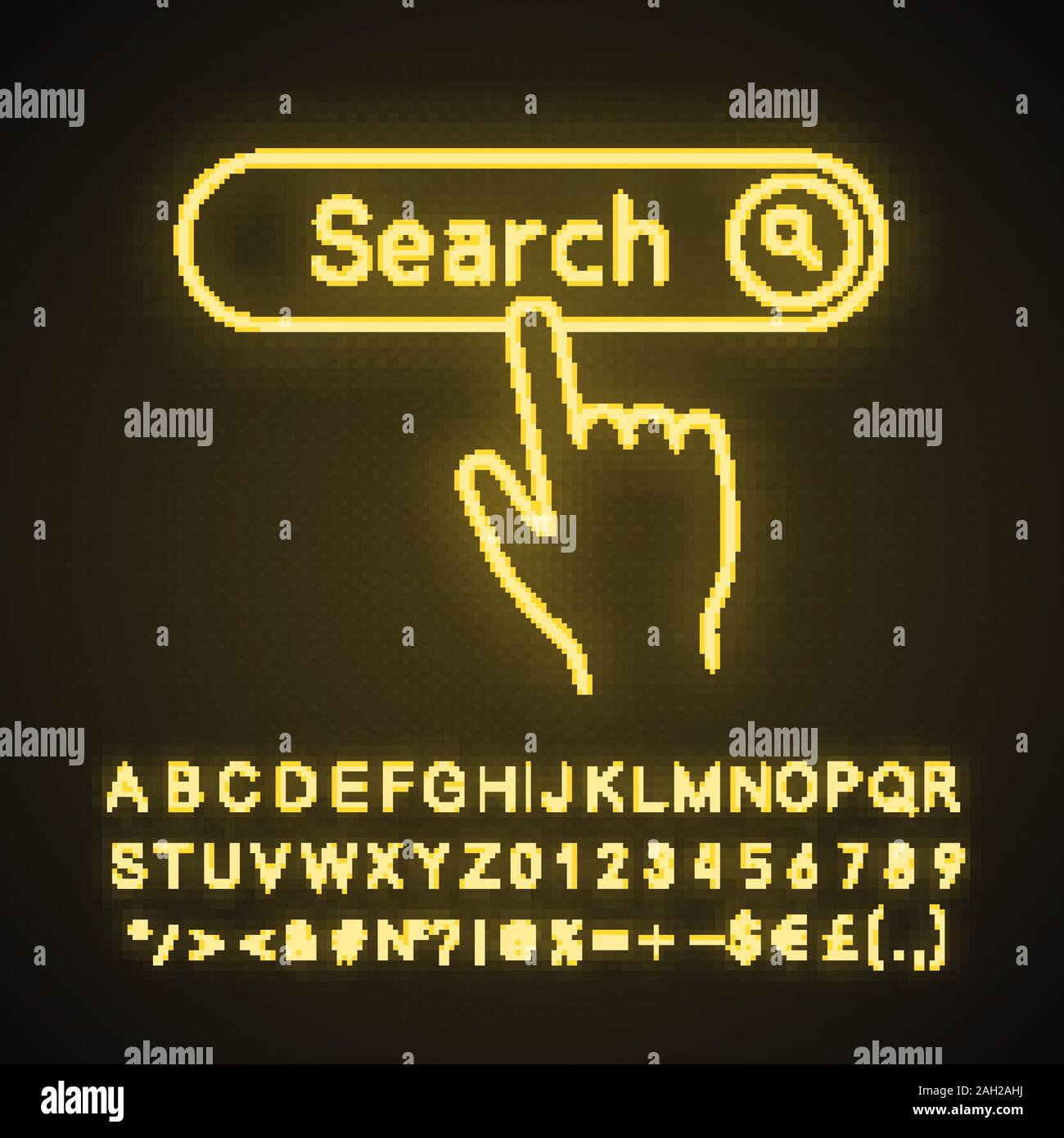 Search button click neon light icon. surfing. Hand pressing