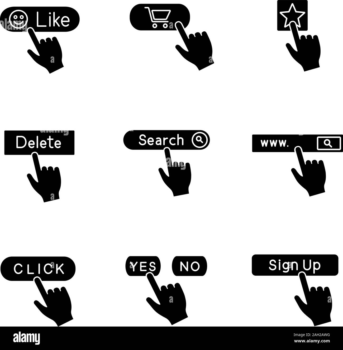 App buttons glyph icons set click like buy add to favorite delete