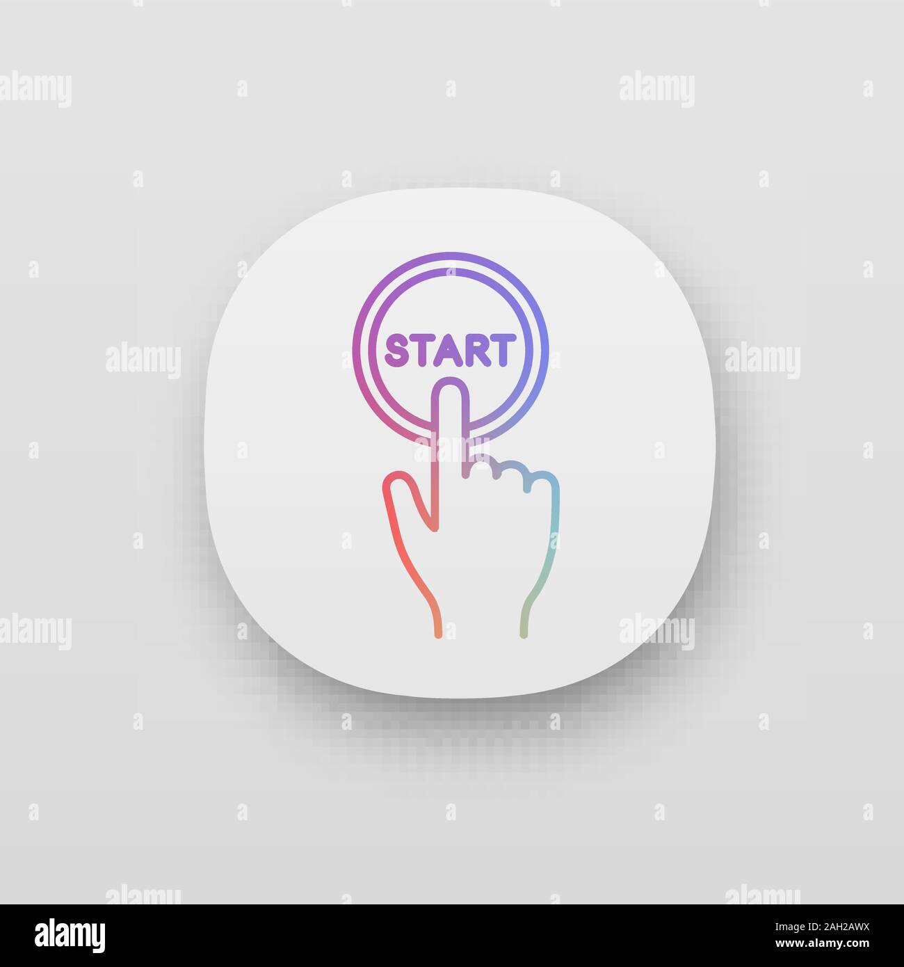 Start button click app icon. Launch. Hand pushing button. UI/UX user ...