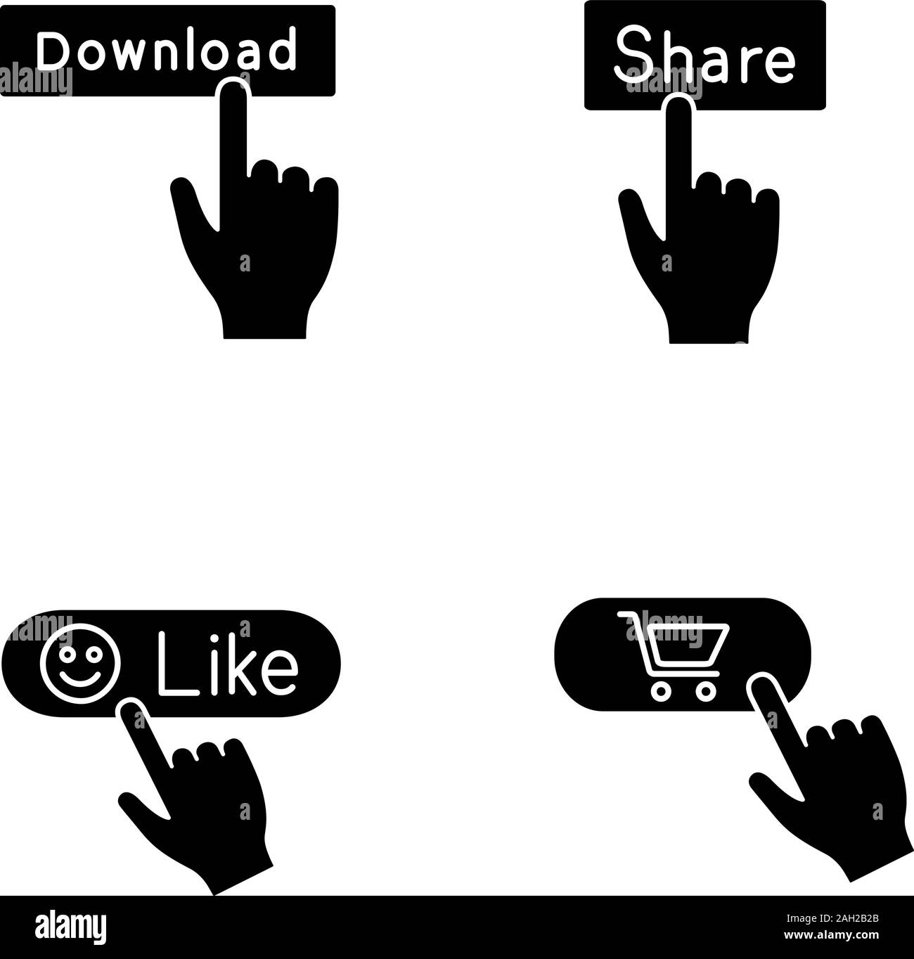 App buttons glyph icons set. Click. Download, share, like, buy. Silhouette symbols. Vector isolated illustration Stock Vector