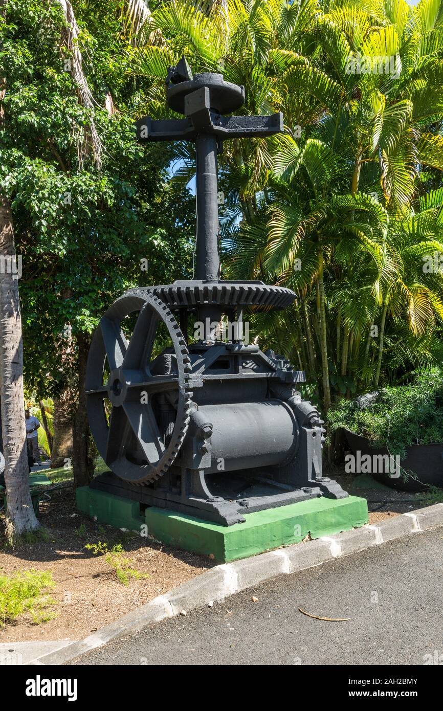 An antique cast iron sugar cane press from the 1800's on display on the
