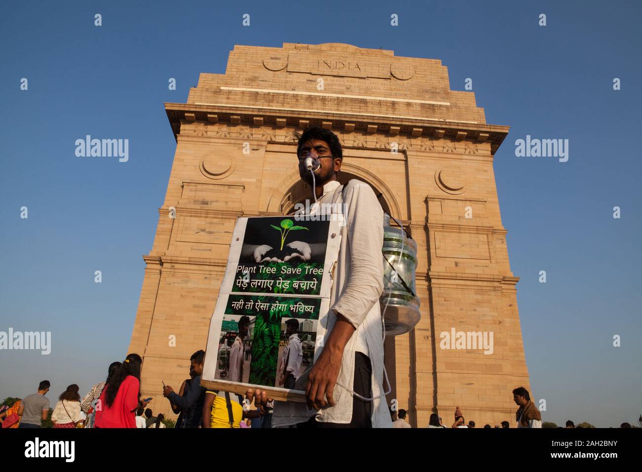An environment activist at India Gate in Delhi Stock Photo