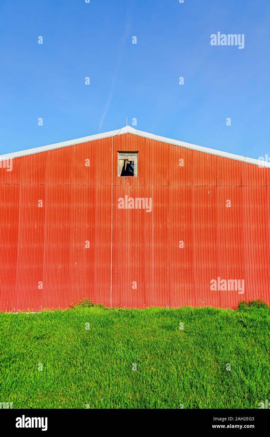 An exterior wall of a red barn made with corrugated sheets of metal. A broken window is visible. Stock Photo