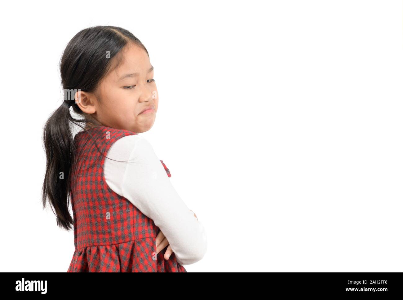 Kid Asian girl face expression envy, jealous isolated white background