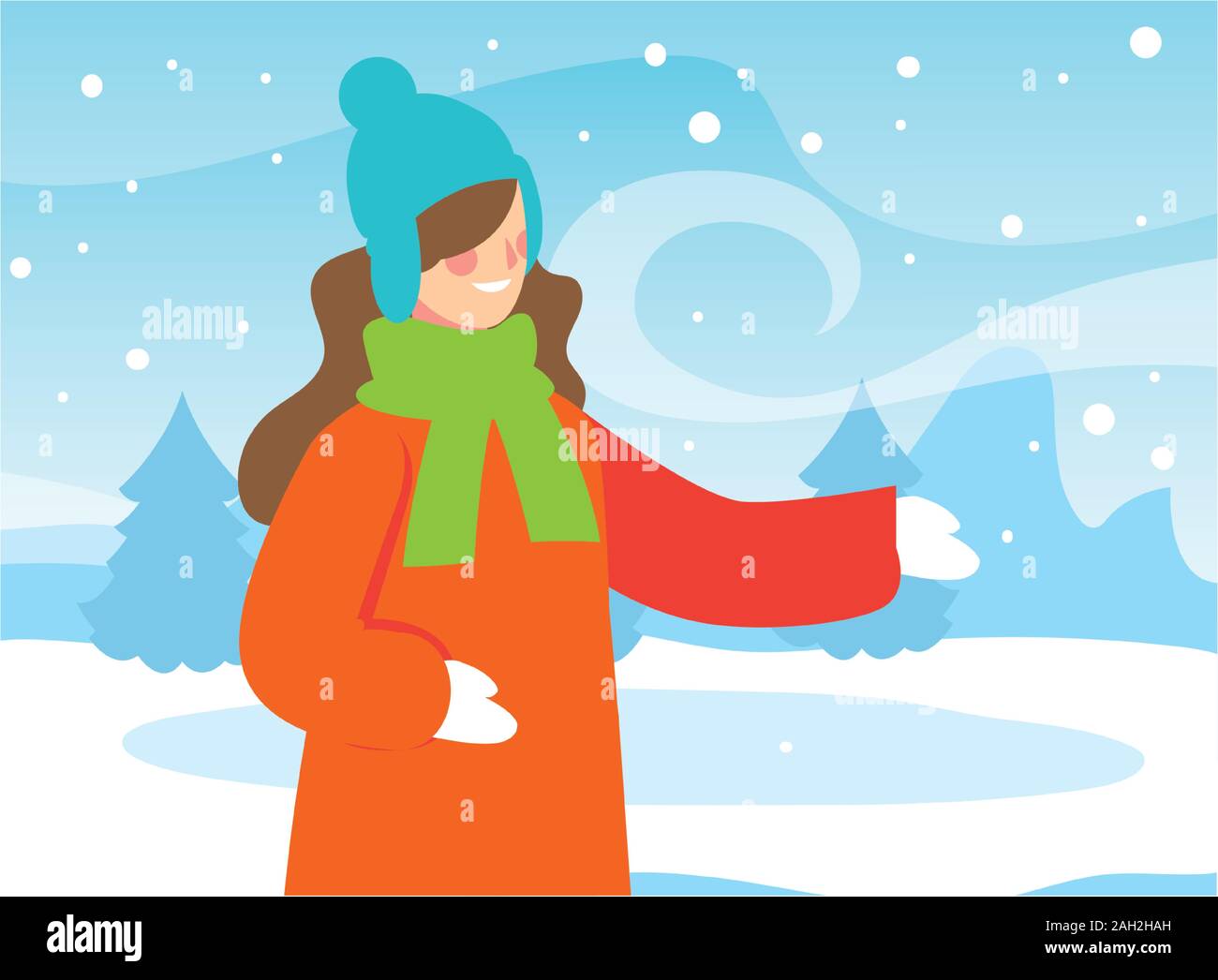 woman with winter clothes in landscape with snowfall vector ...