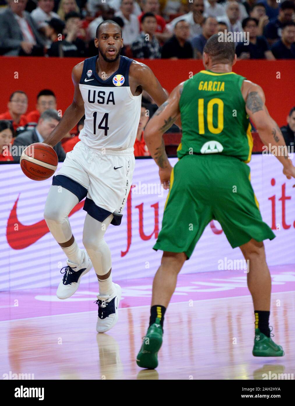 Chris Middleton (United States) against Alex Garcia (Brazil). FIBA Basketball World Cup China 2019 Stock Photo