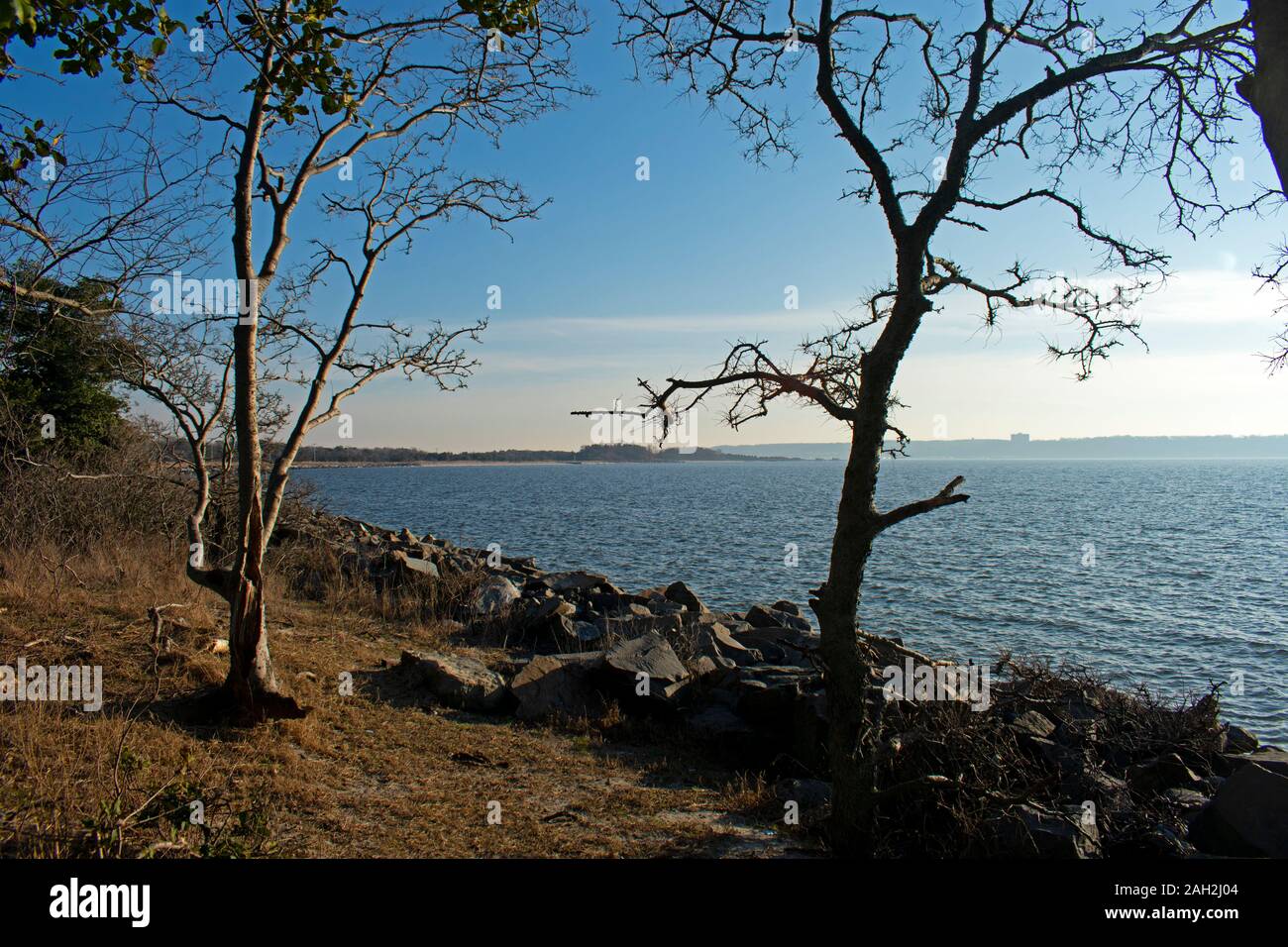 View of Sandy Hook Bay from North end of Sandy Hook, Highlands, Middletown, New Jersey -10 Stock Photo