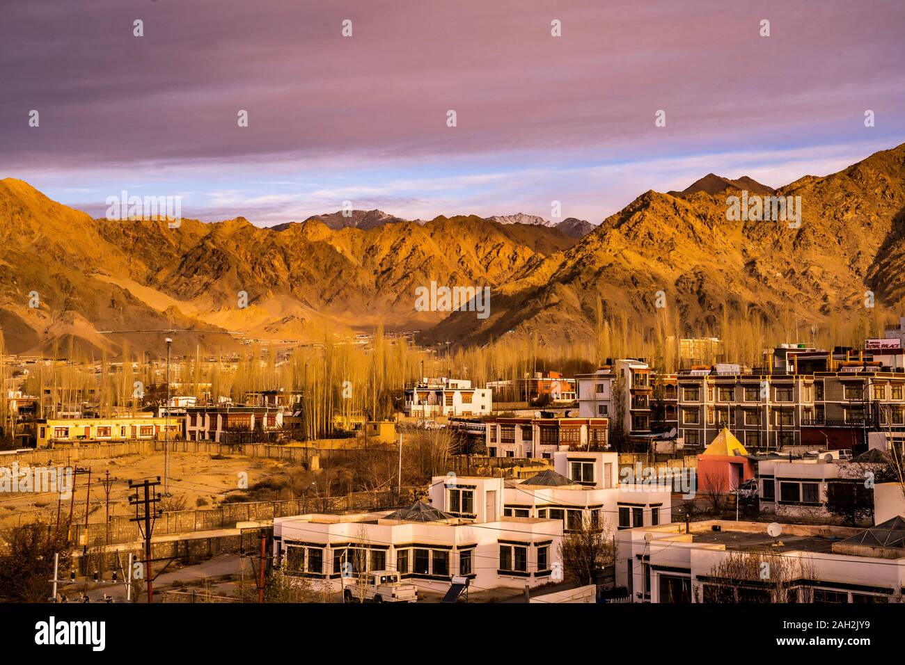 Leh city and Leh Palace, Leh - Ladakh, Jammu and Kashmir, India. Beautiful Landscape Stock Photo