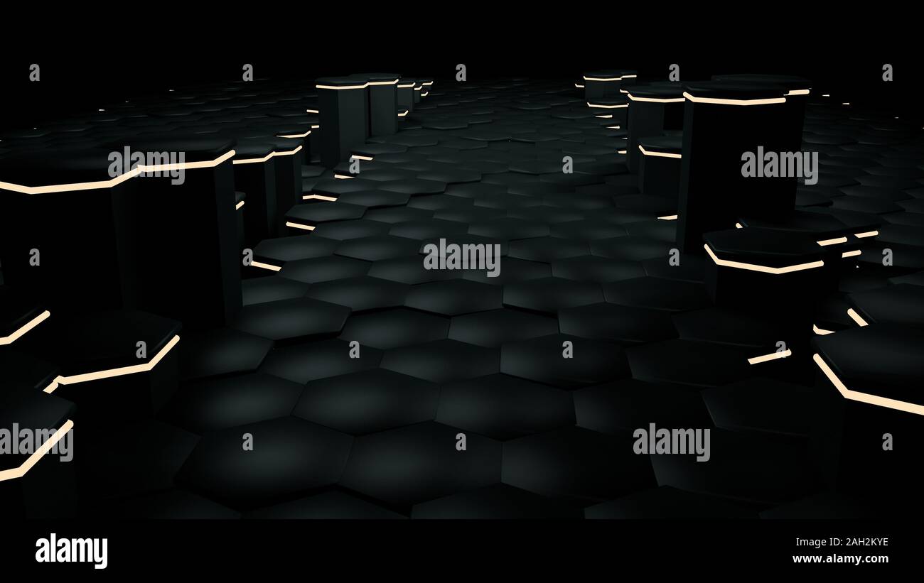 Abstract black hexagon background with metal texture and yellow ...
