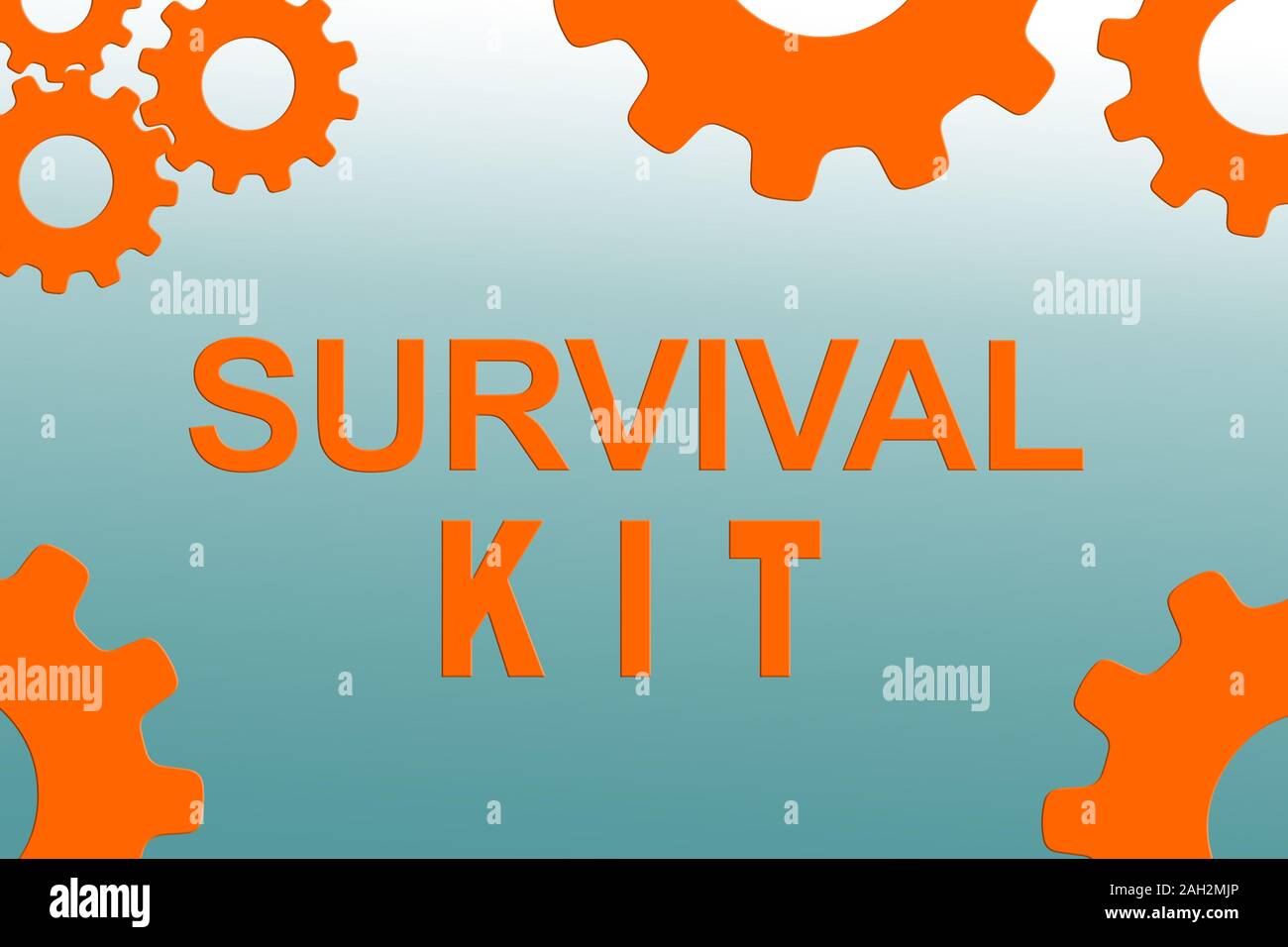 SURVIVAL KIT sign concept illustration with orange gear wheel figures on pale blue gradient background Stock Photo