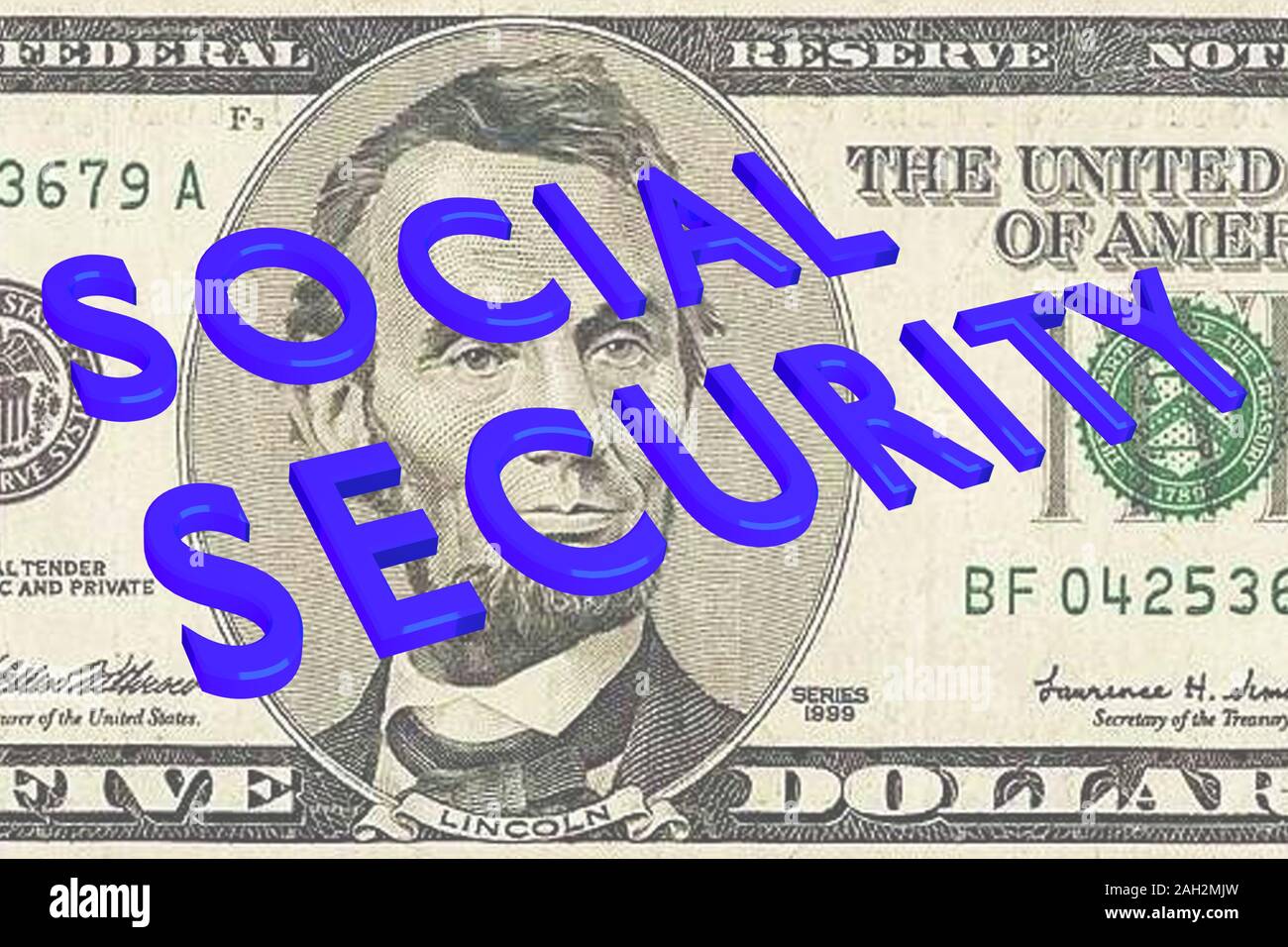 3D illustration of SOCIAL SECURITY title on Five Dollars bill as a