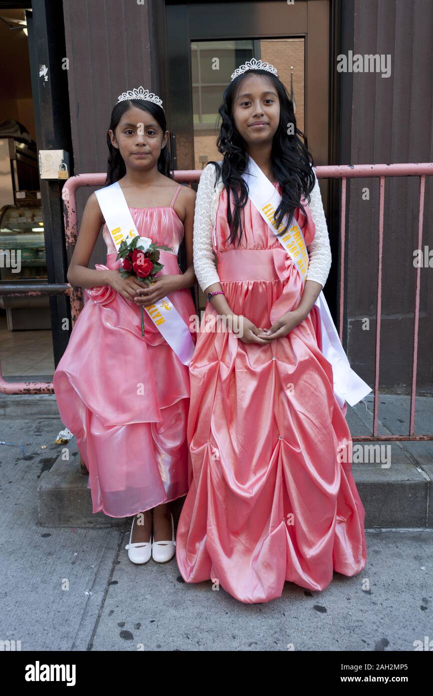 Mexican-American parade princesses at The Children's Evangelical Parade in East Harlem in NYC. Stock Photo