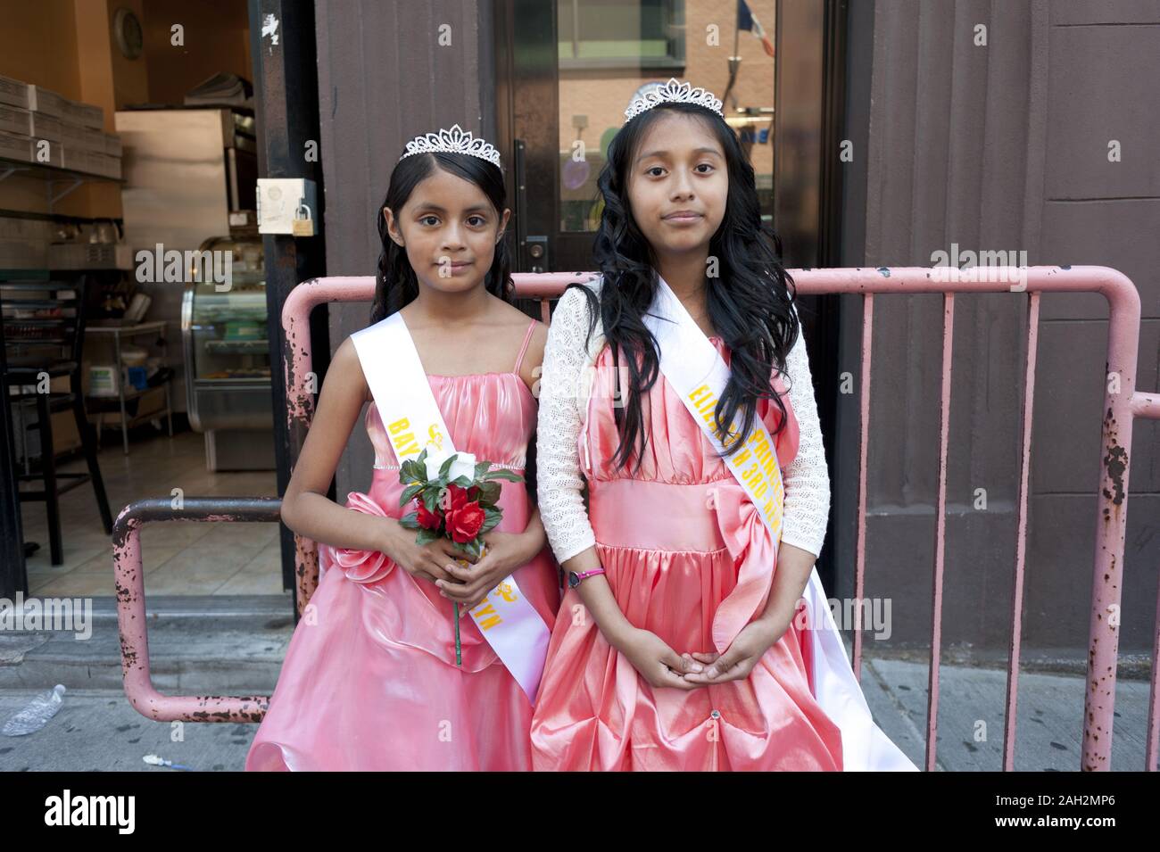 Mexican-American parade princesses at The Children's Evangelical Parade in East Harlem in NYC. Stock Photo