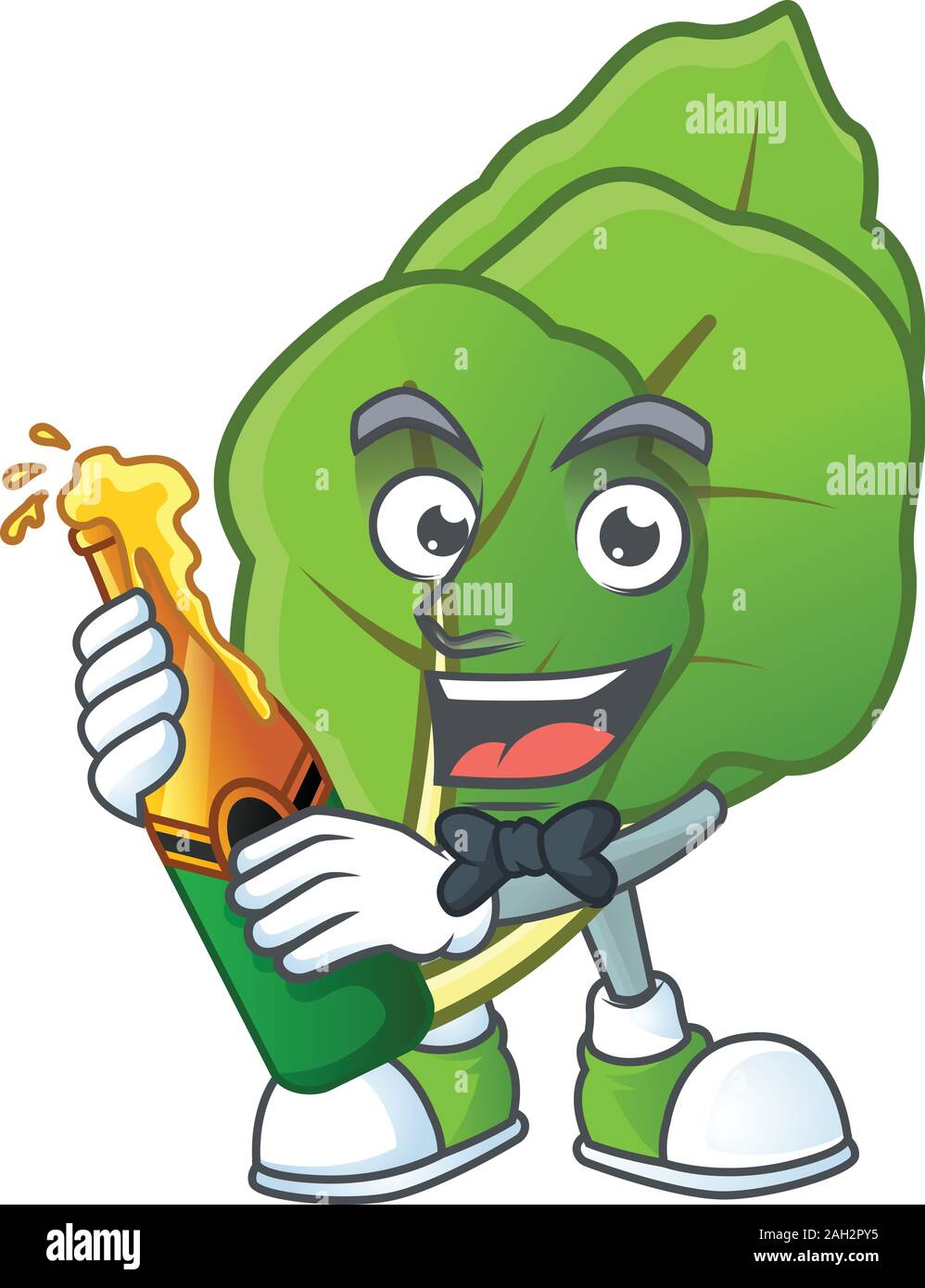 Happy collard greens with beer cartoon character design Stock Vector