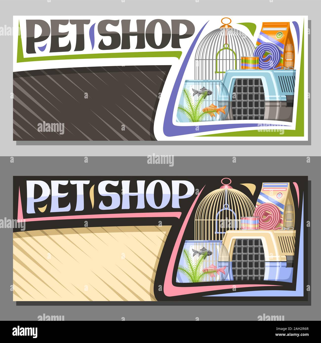 Vector layouts for Pet Shop with copy space, sign board with illustration of plastic travel box for cat and aquarium with goldfish in water and curled Stock Vector