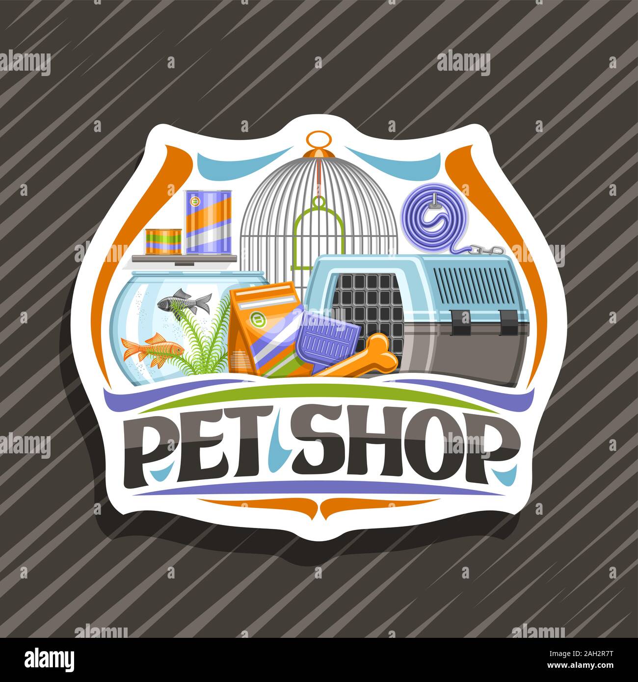 Vector logo for Pet Shop, white decorative badge with illustration of blue travel box for cat, plastic scoop, aquarium with goldfish in water and curl Stock Vector