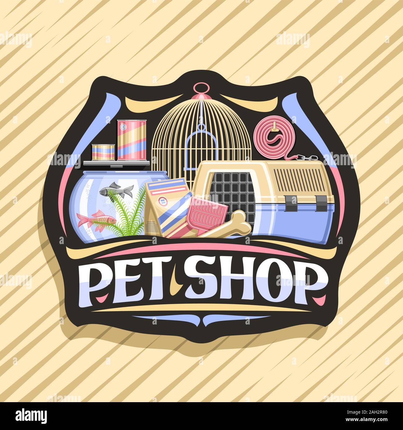 Vector logo for Pet Shop, black decorative badge with illustration of transport box for cat, plastic scoop, aquarium with goldfish in water and curled Stock Vector