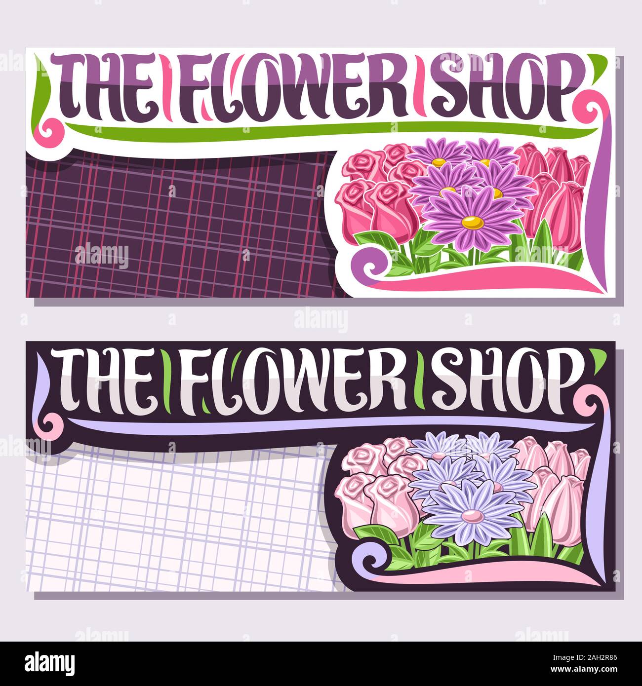 Vector layouts for Flower Shop with copy space, cartoon pale tulips, spring asters, roses with green leaves, sign board with decorative brush typeface Stock Vector