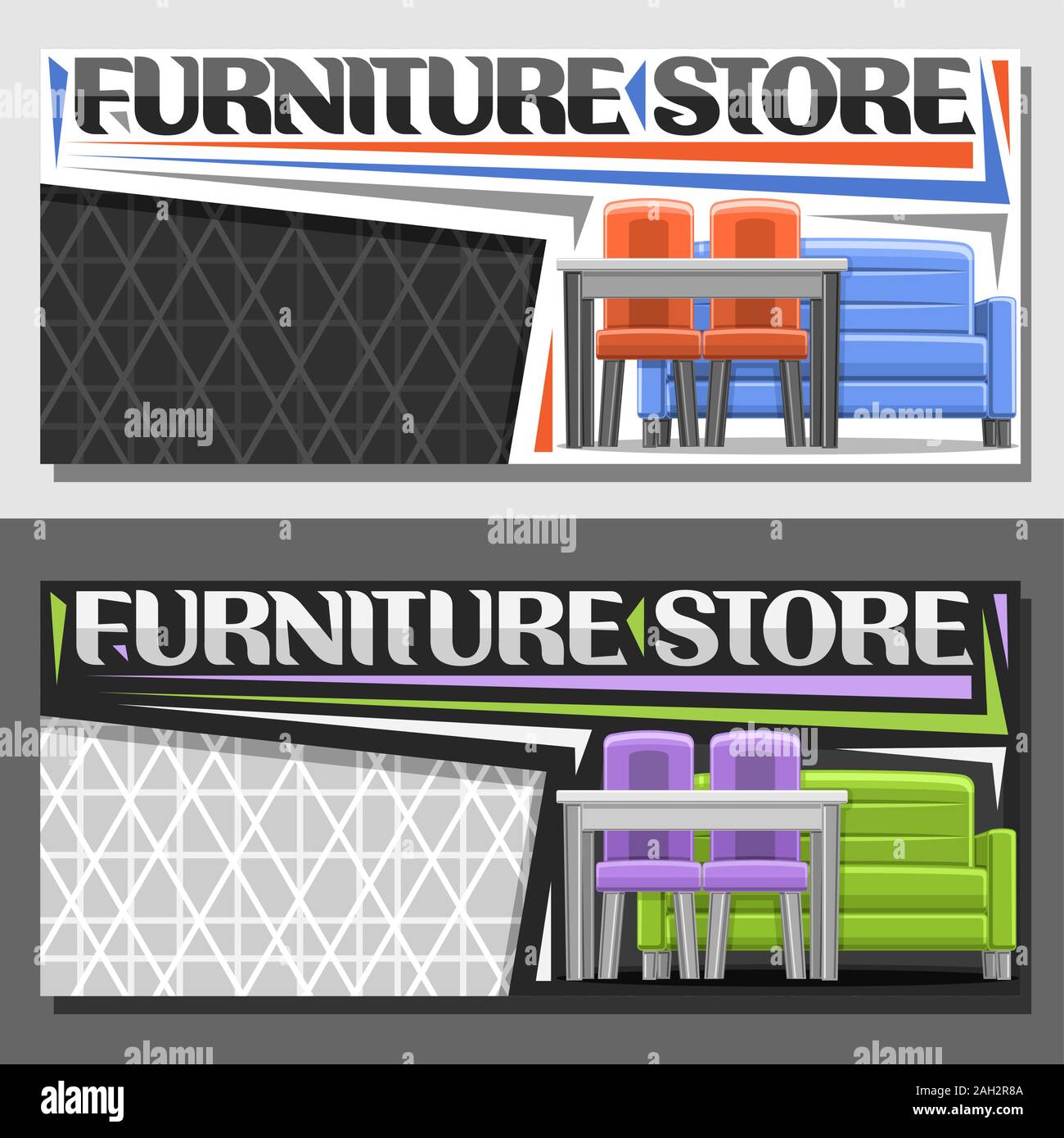 Vector layouts for Furniture Store with copy space, horizontal banner with illustration of blue and green livingroom furnitures, original typeface for Stock Vector
