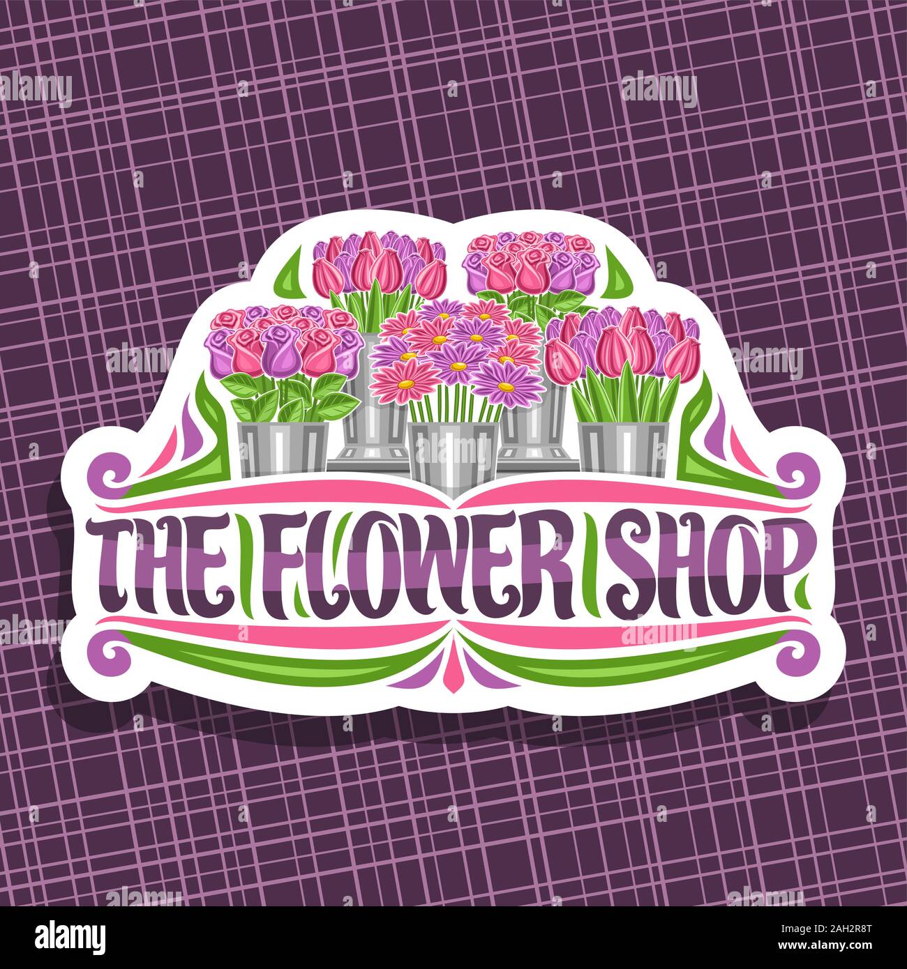 Vector logo for Flower Shop, decorative cut paper label with illustration of spring tulips, purple asters and roses with green leaves in metal bucket, Stock Vector