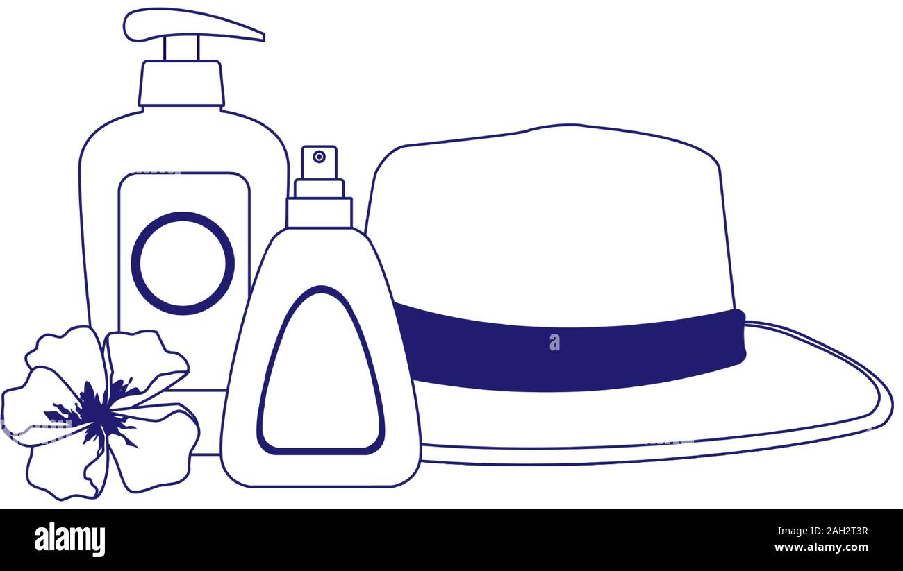 beach hat with sunscreens bottles, flat design Stock Vector