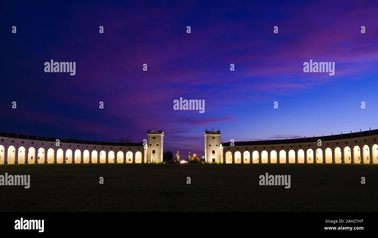 Night view of the majestic and imposing columned facade (Barchessa or barn wing) of Villa Manin, the biggest venetian villa of Italy and residence of Stock Photo