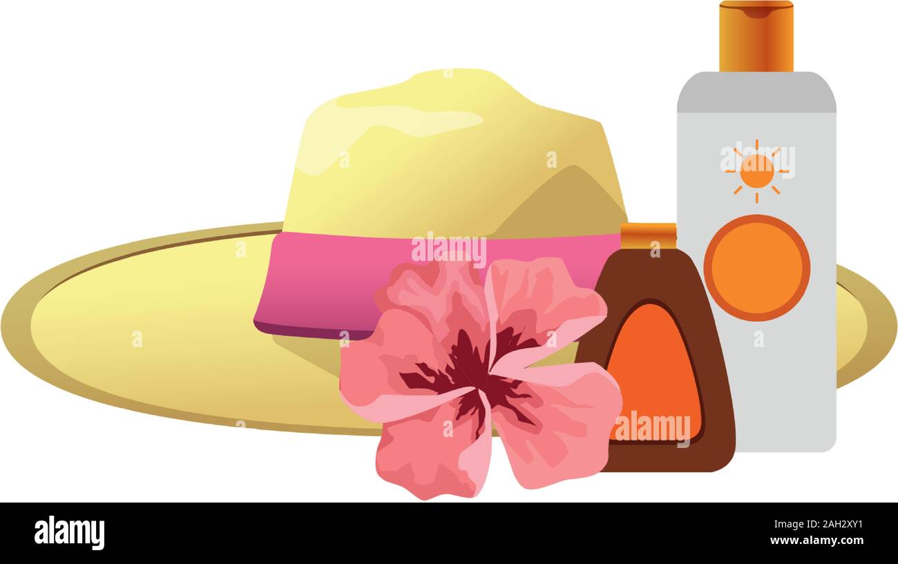beach hat with flower and sun bronzers bottles Stock Vector