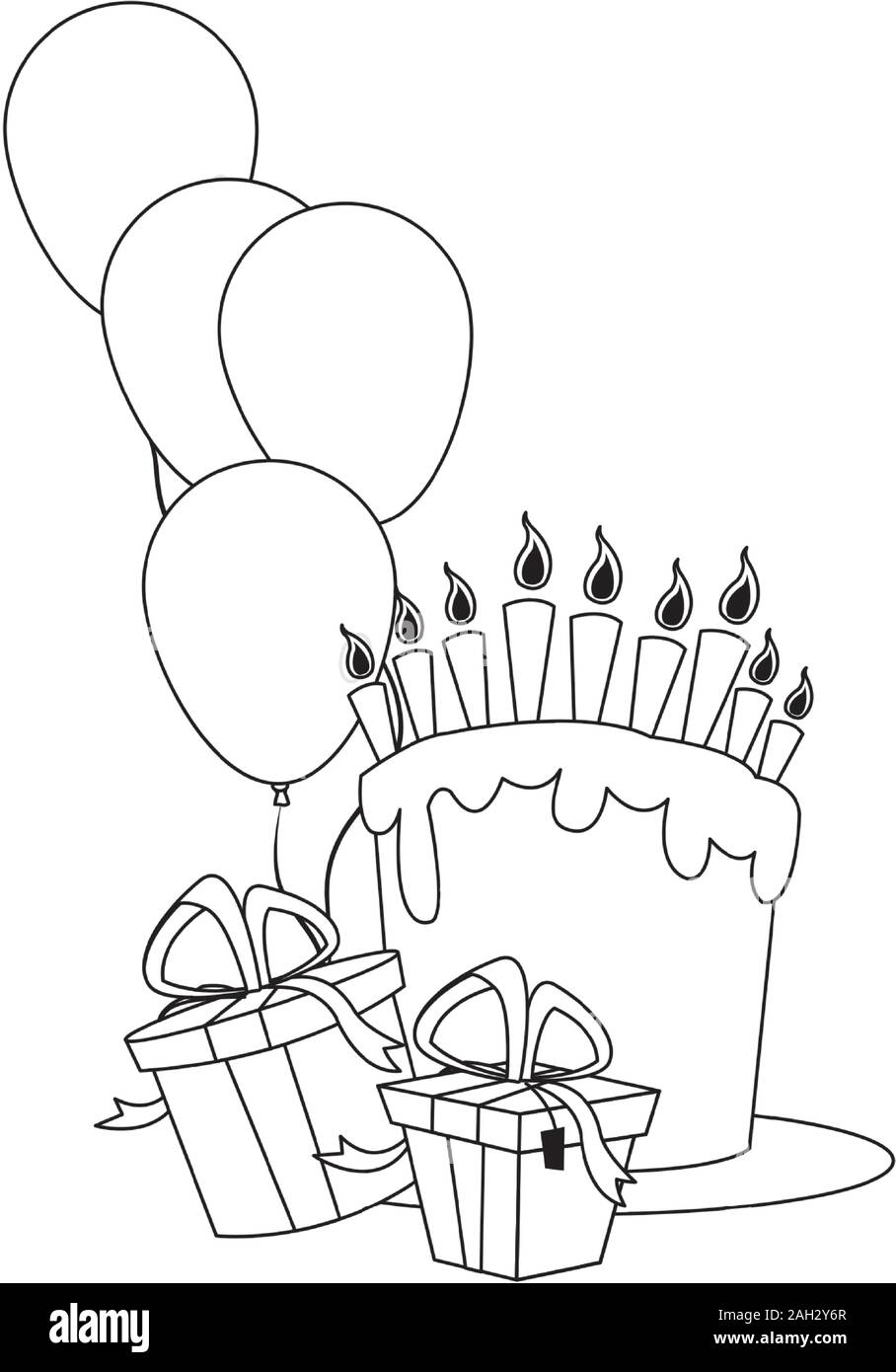 birthday cake with balloons and gift boxes, flat design Stock Vector ...