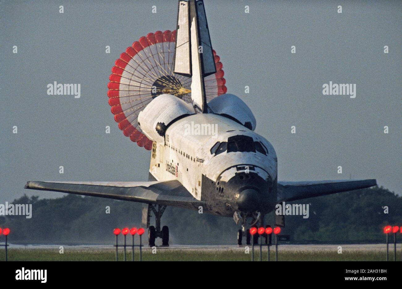 (9 July 1992) --- The main drag chute on the Space Shuttle Columbia is ...
