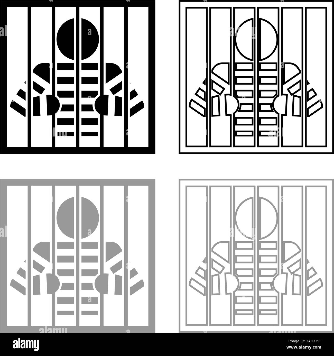 Prisoner behind bars holds rods with his hands Angry man watch through lattice in jail Incarceration concept icon outline set black grey color vector Stock Vector