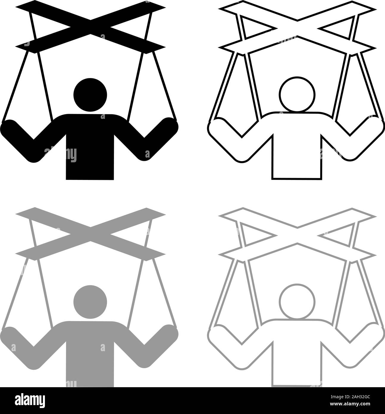 Human manipulation concept Puppet stick man manipulating on string Dependence theme Control people Management executive idea icon outline set black Stock Vector