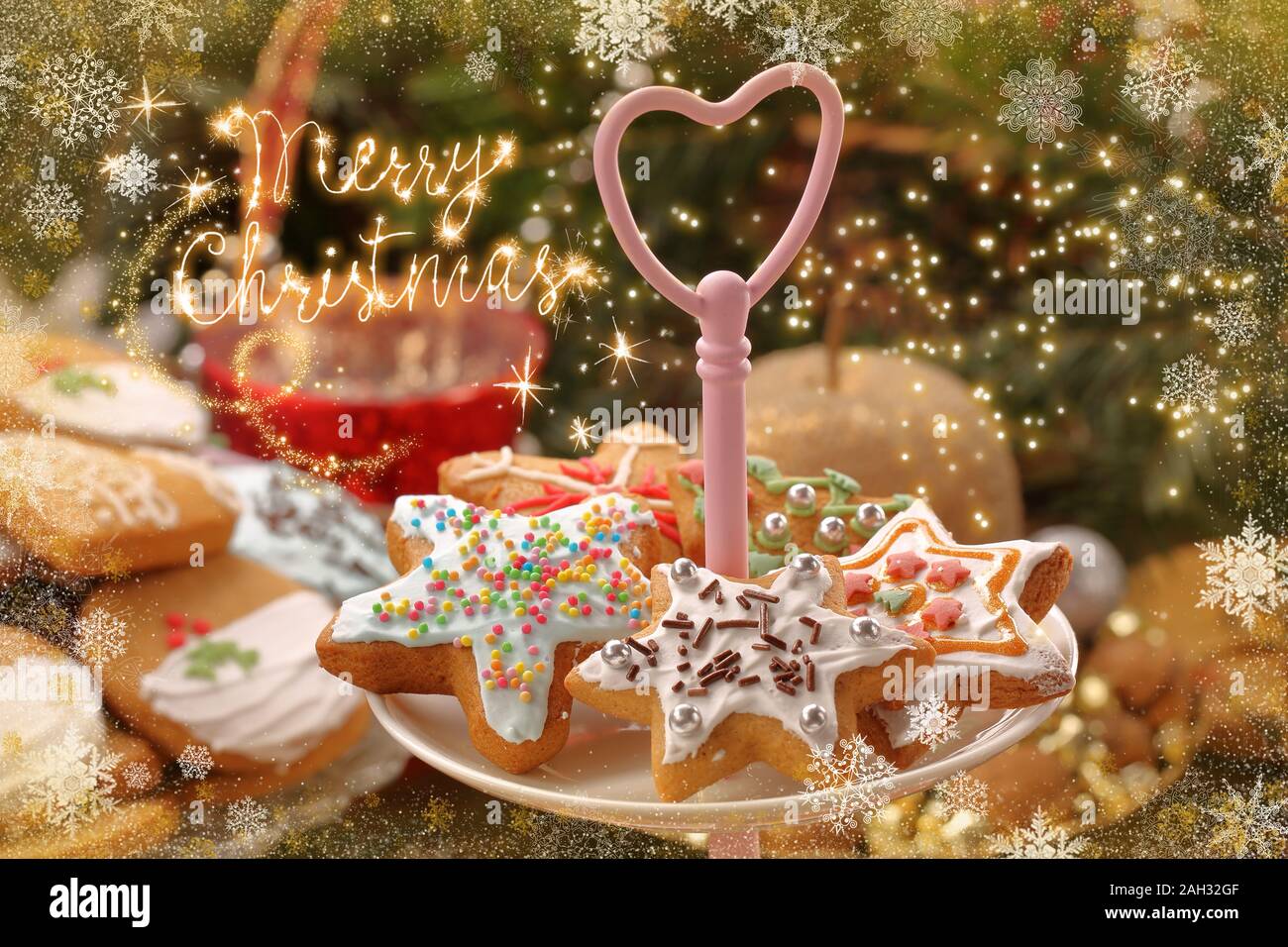 Christmas cookies with decorations on wooden background with merry christmas inscription Stock Photo