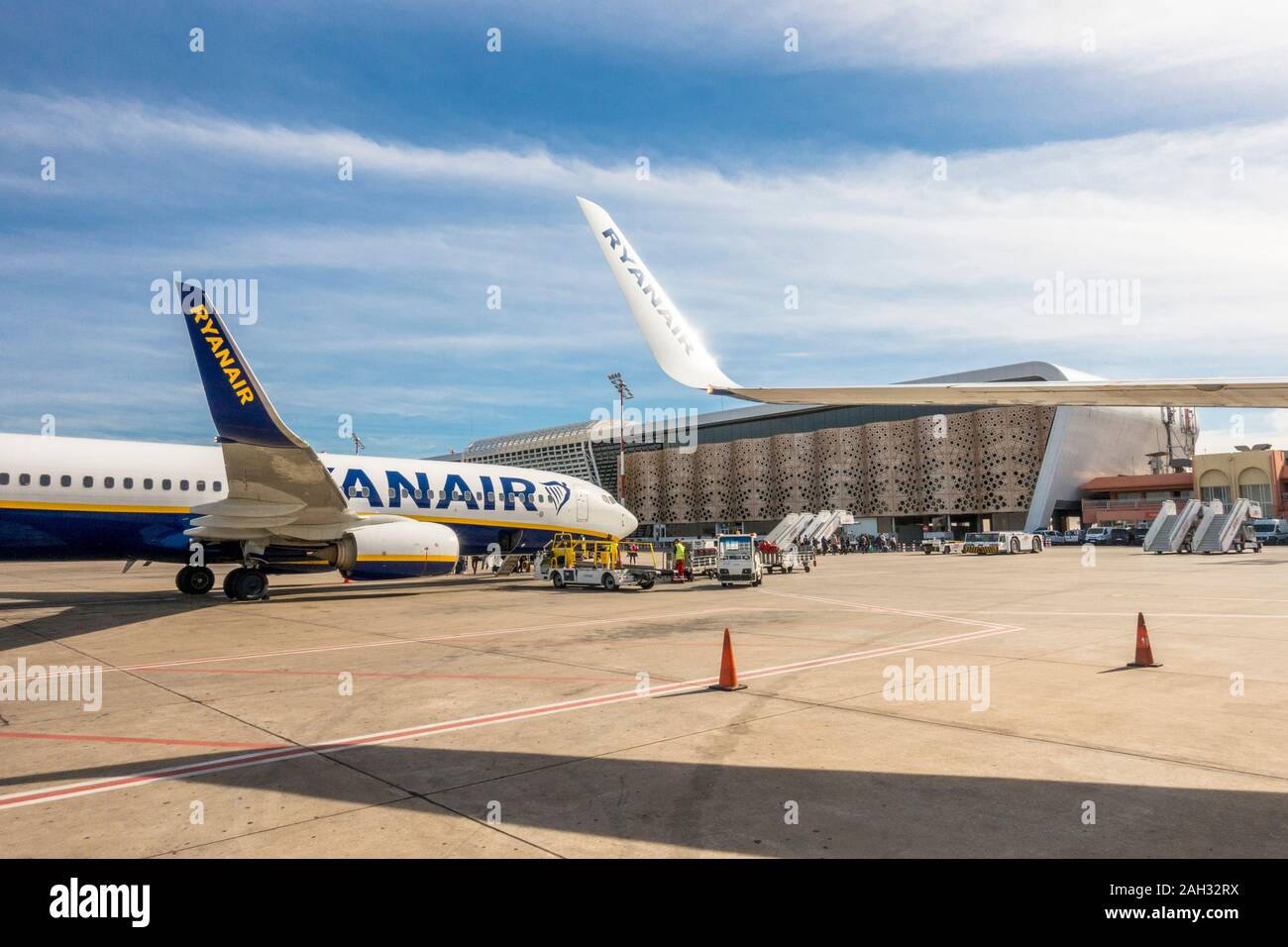 Ryanair aircrafts, in front of gate at of Airport Marrakesh, Morocco. Stock Photo