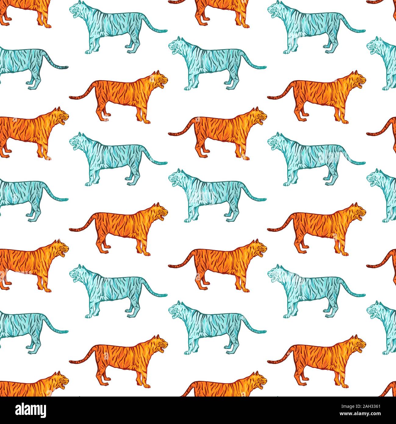 Wild tigers tribal style seamless pattern. Circus or zoo blue and orange wild cats. Exotic safari animals, jungle fauna tileable texture. Creative childish wallpaper, wrapping paper or textile design Stock Vector