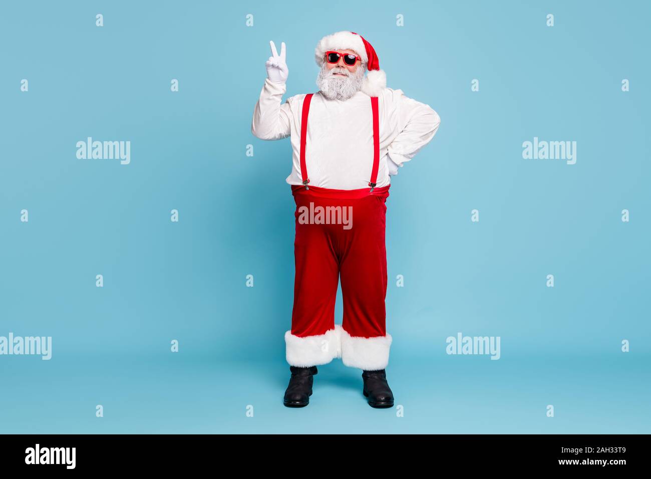 Full size photo of fat funky funny santa in hipster eyewear with funny