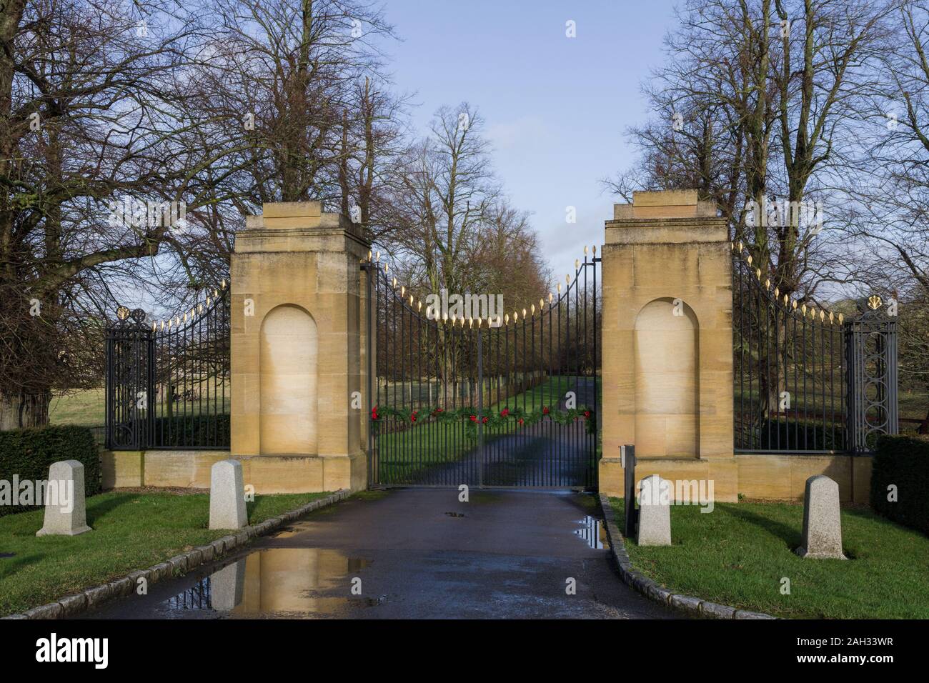 Ornate gates at the entrance to Tyringham Hall, an 18th century stately